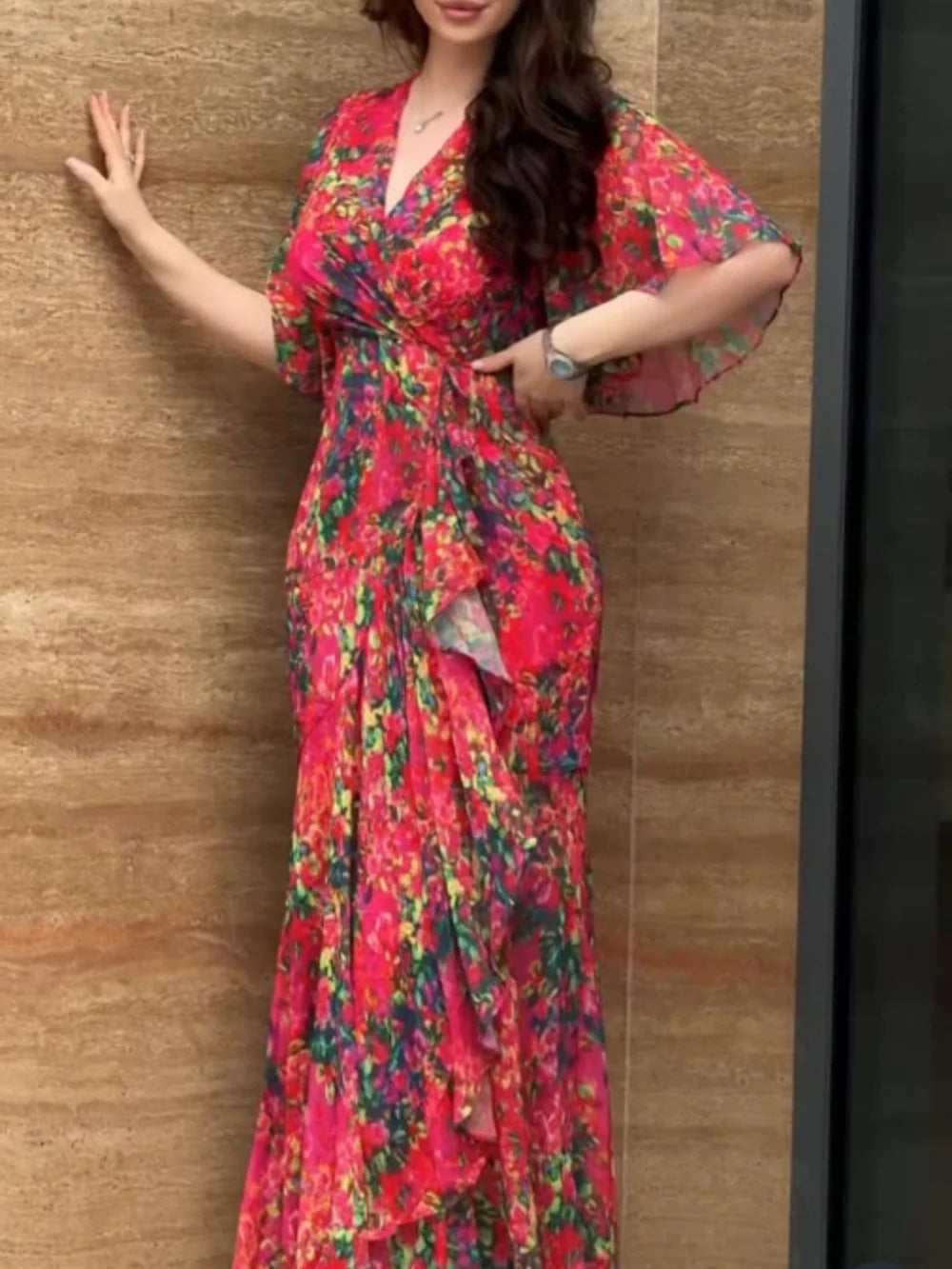 Melanie | Damen Kleid Retro Florales Wickel Maxikleid