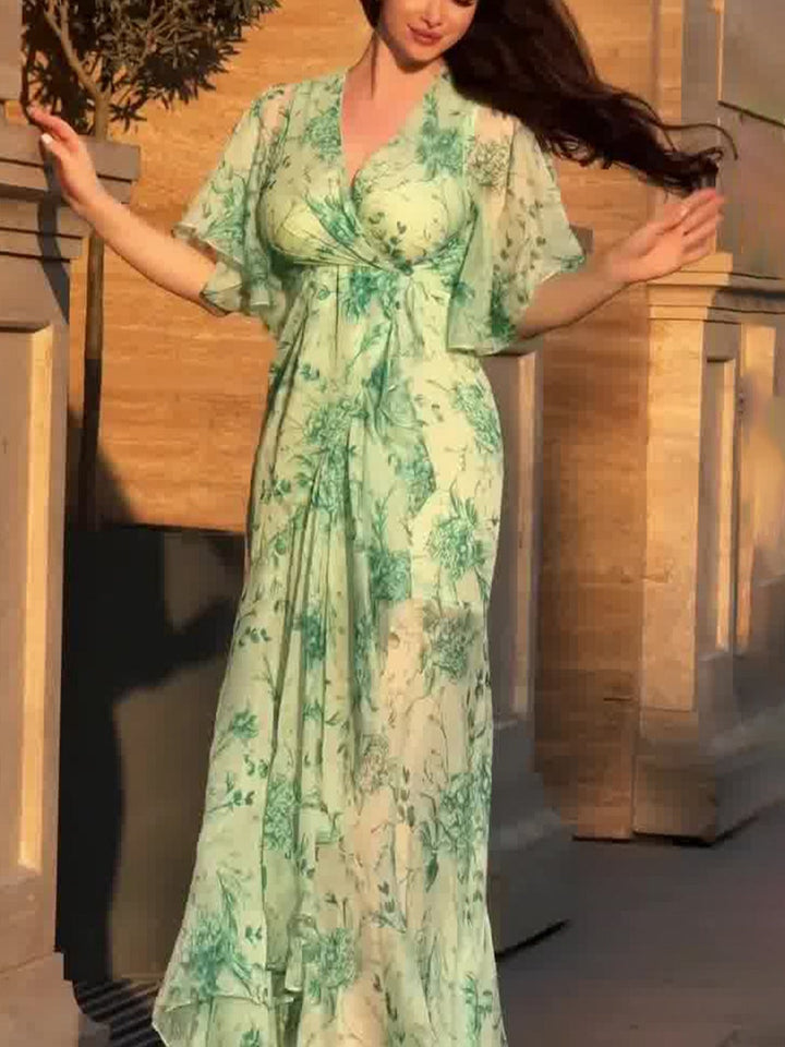 Melanie | Damen Kleid Retro Florales Wickel Maxikleid