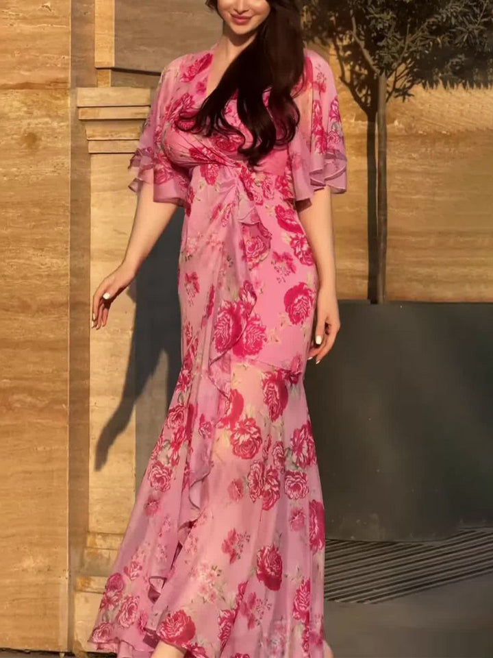 Melanie | Damen Kleid Retro Florales Wickel Maxikleid