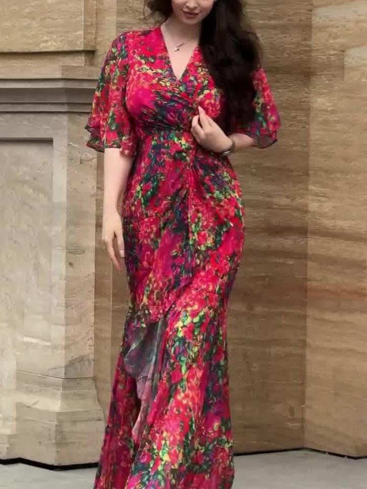 Melanie | Damen Kleid Retro Florales Wickel Maxikleid
