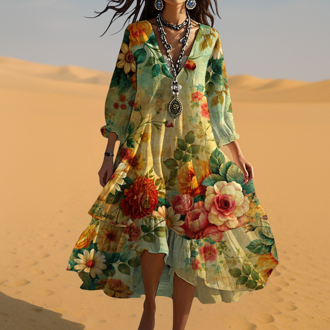 Athena | Damen Boho Kleid Florales Midikleid V-Ausschnitt 3/4 Ärmel