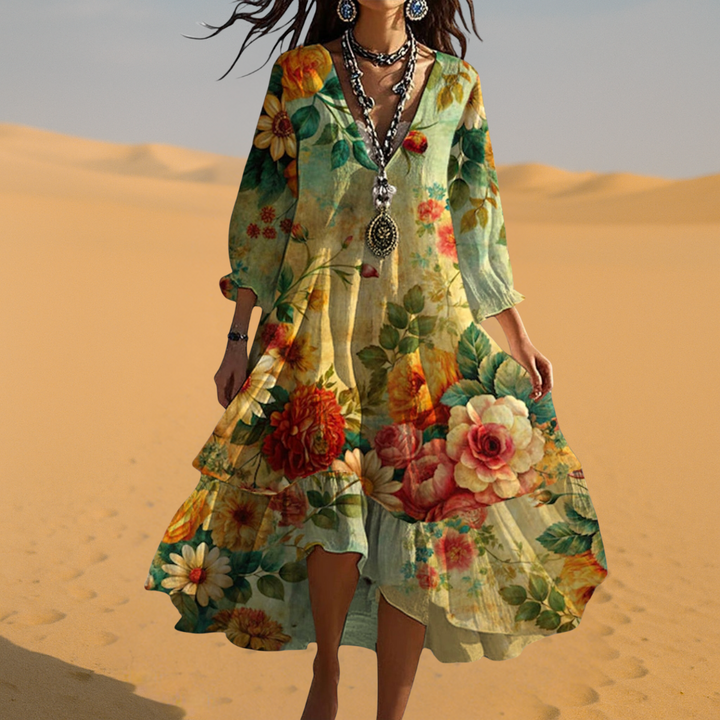 Athena | Damen Boho Kleid Florales Midikleid V-Ausschnitt 3/4 Ärmel