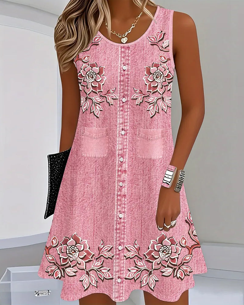 Calista | Damen Kleid Ärmellos Florale Knopfleiste