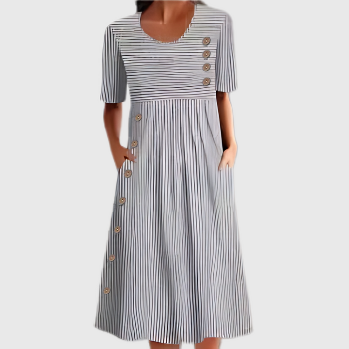 Julian | Damen Kleid Gestreiftes Knopf Midikleid