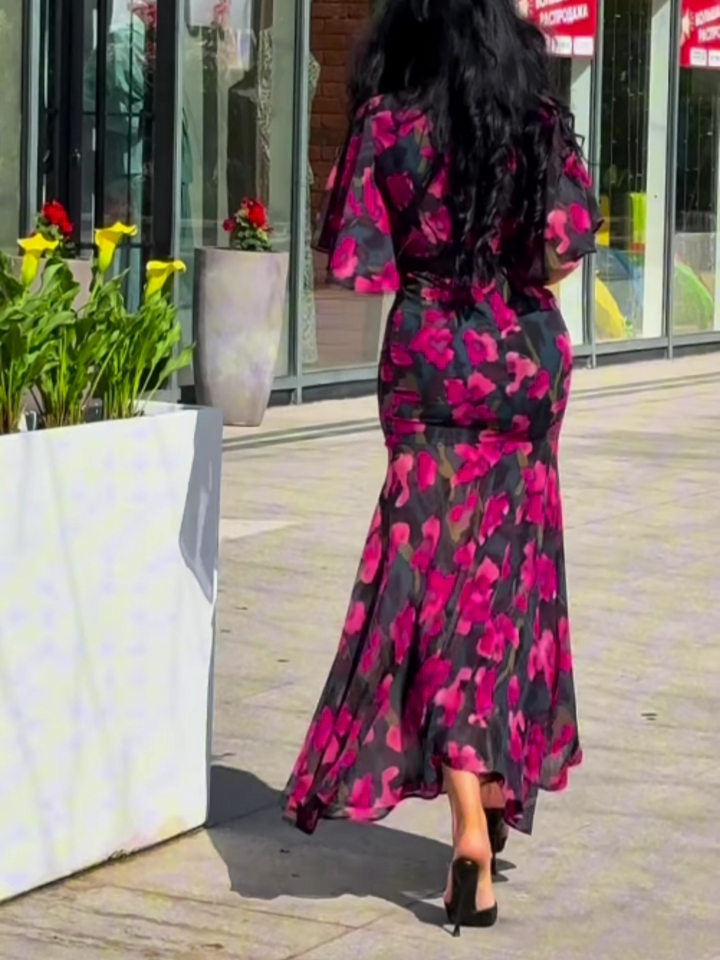 Melanie | Damen Kleid Retro Florales Wickel Maxikleid