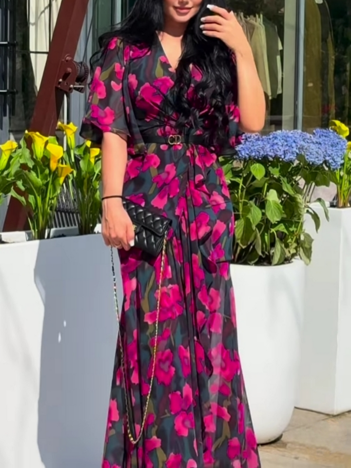 Melanie | Damen Kleid Retro Florales Wickel Maxikleid