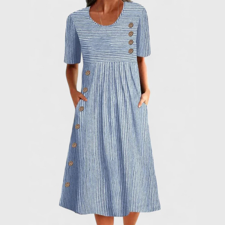 Julian | Damen Kleid Gestreiftes Knopf Midikleid