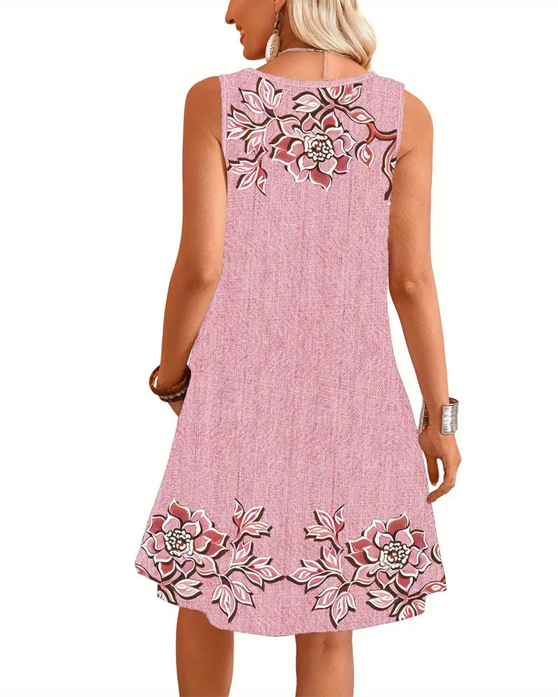 Calista | Damen Kleid Ärmellos Florale Knopfleiste