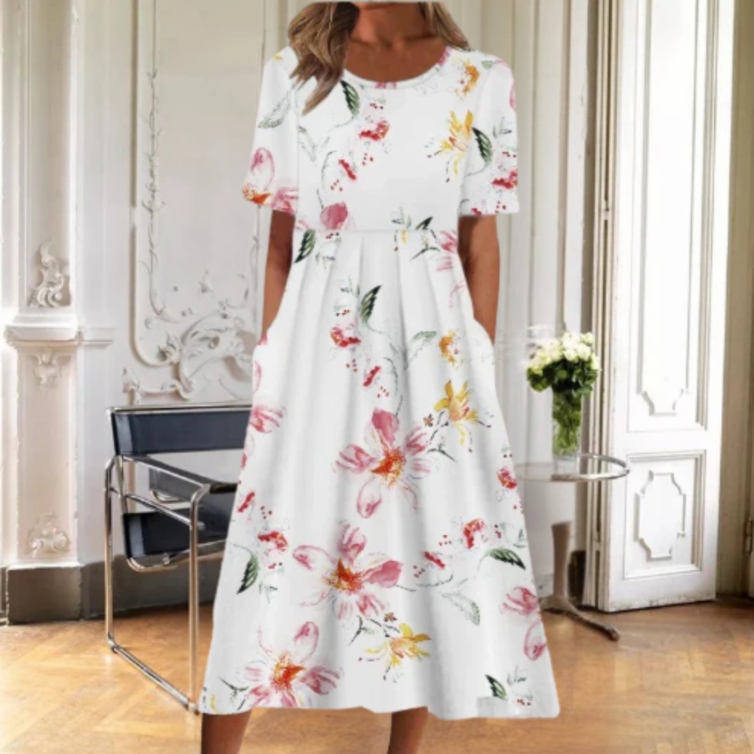 Melody | Damen Kleid Florales Midi Kurzarm