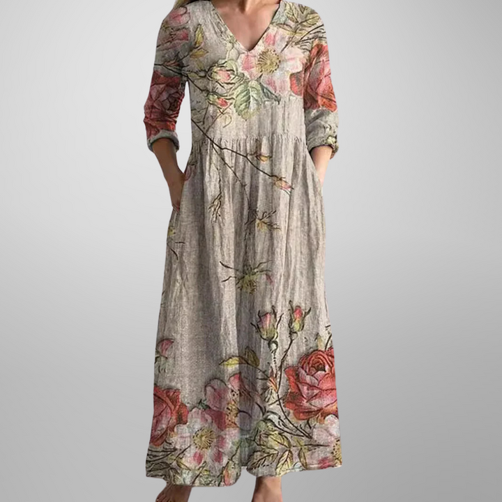 Arianna | Damen Kleid Florales V-Ausschnitt Maxikleid