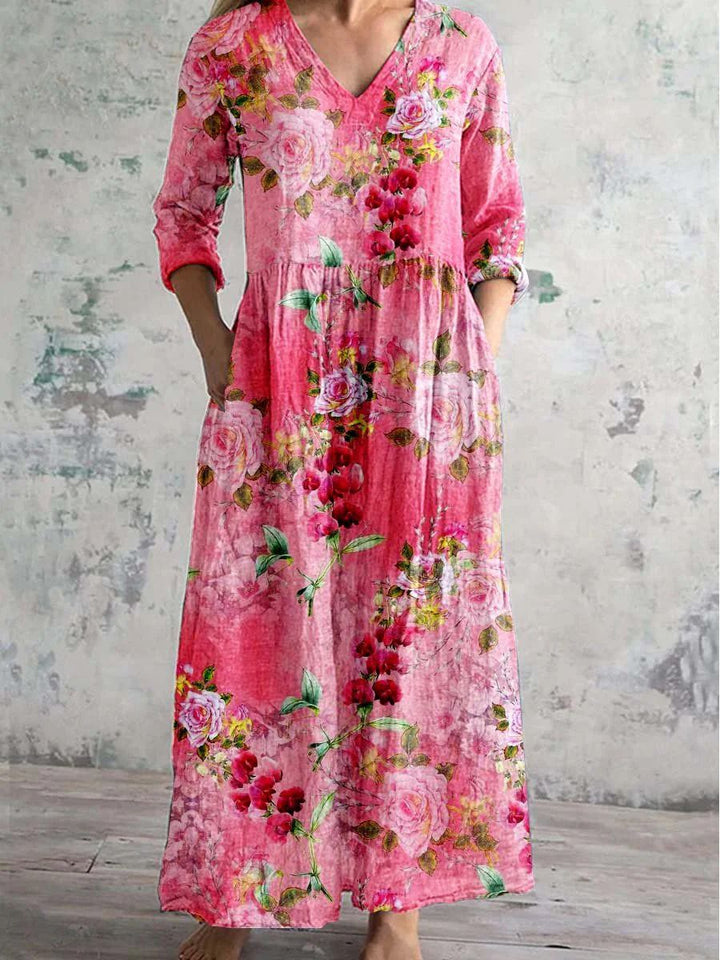 Arianna | Damen Kleid Florales V-Ausschnitt Maxikleid