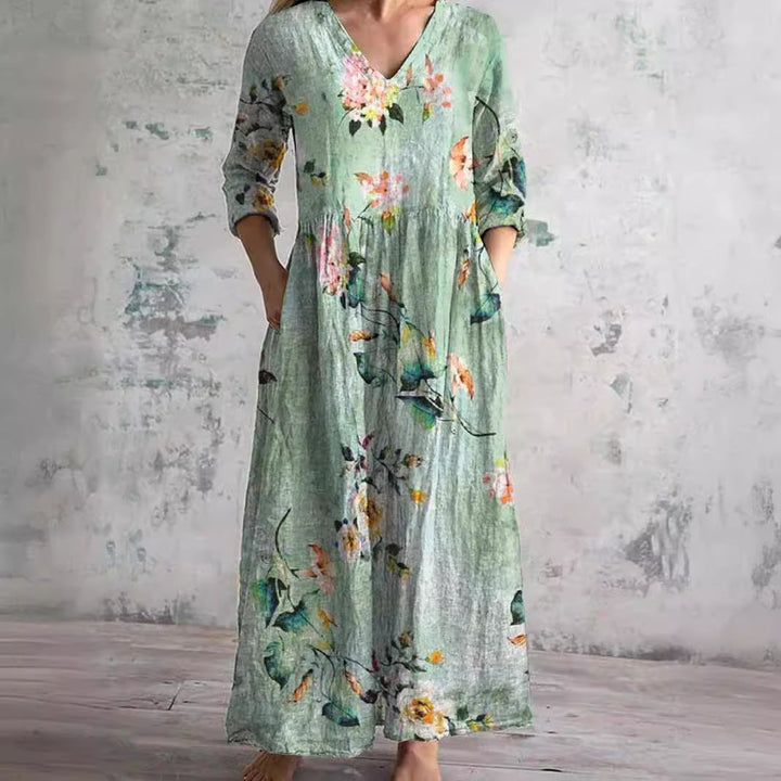 Arianna | Damen Kleid Florales V-Ausschnitt Maxikleid