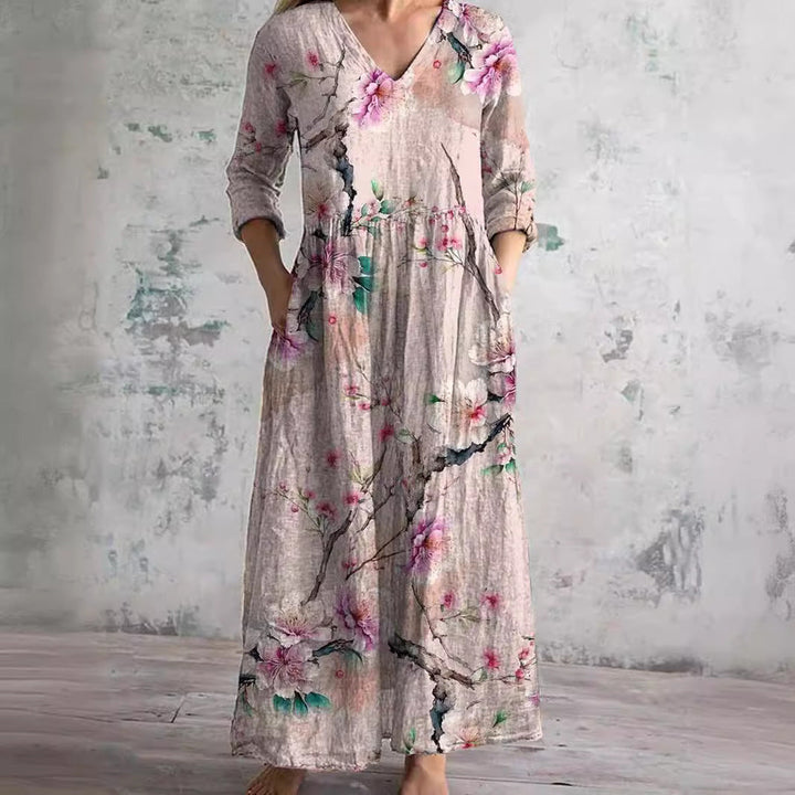 Arianna | Damen Kleid Florales V-Ausschnitt Maxikleid