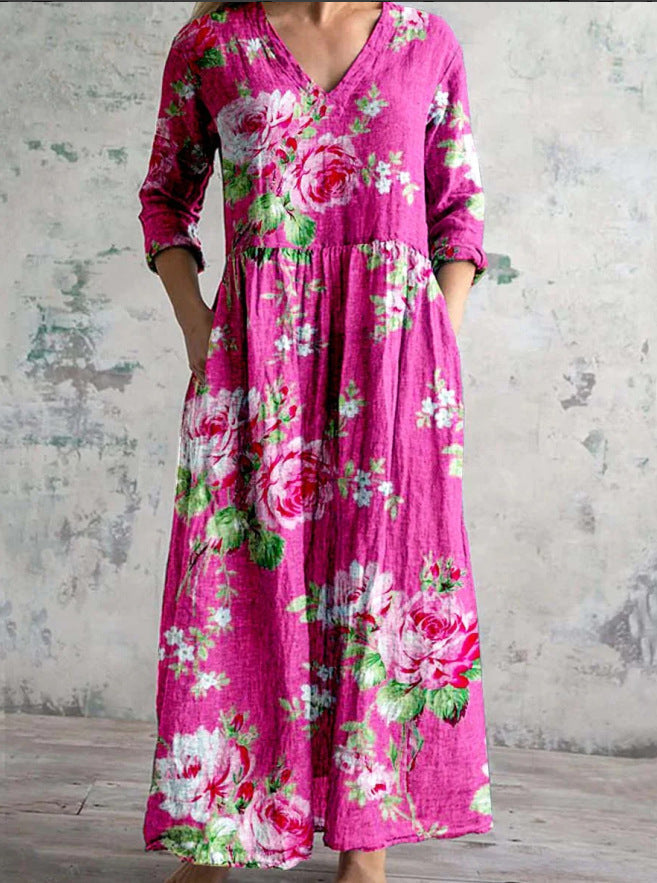 Arianna | Damen Kleid Florales V-Ausschnitt Maxikleid