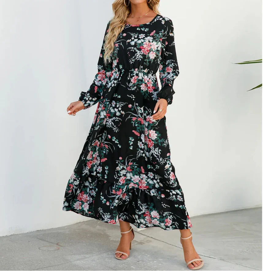 Hestia | Damen Kleid Florales Maxikleid Langarm