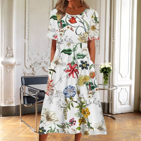 Melody | Damen Kleid Florales Midi Kurzarm