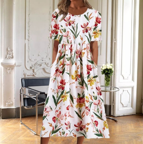 Melody | Damen Kleid Florales Midi Kurzarm