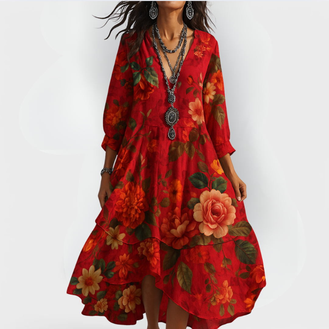 Athena | Damen Boho Kleid Florales Midikleid V-Ausschnitt 3/4 Ärmel