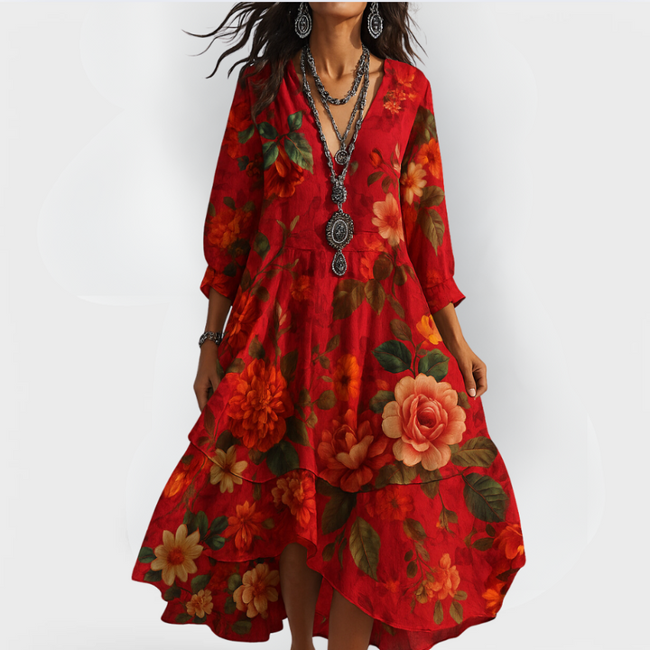 Athena | Damen Boho Kleid Florales Midikleid V-Ausschnitt 3/4 Ärmel