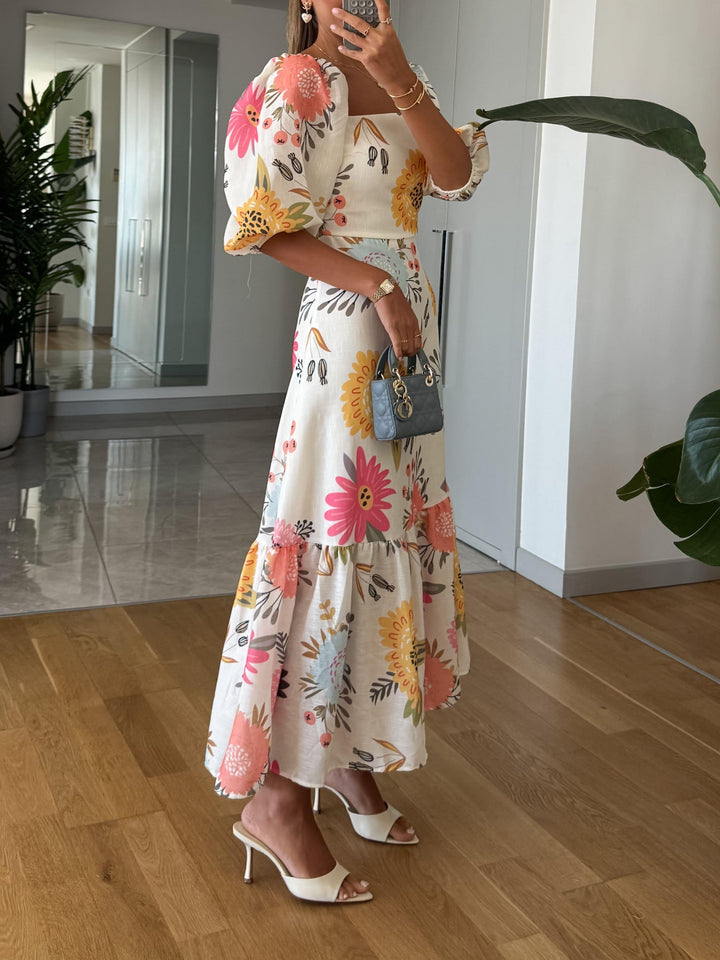 Myrine | Damen Kleid Quadratischer Ausschnitt Florales Midikleid