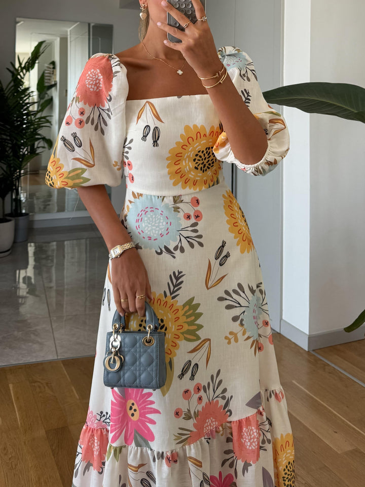 Myrine | Damen Kleid Quadratischer Ausschnitt Florales Midikleid