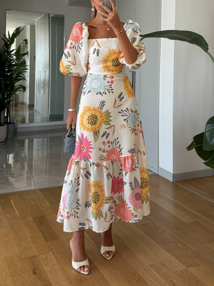 Myrine | Damen Kleid Quadratischer Ausschnitt Florales Midikleid