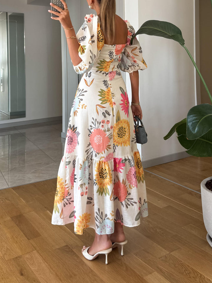 Myrine | Damen Kleid Quadratischer Ausschnitt Florales Midikleid