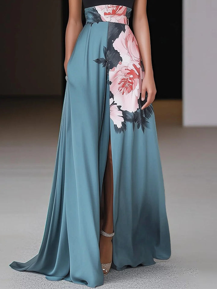 Basia | Damen Kleid Ärmelloses Florales Schlitz Maxikleid