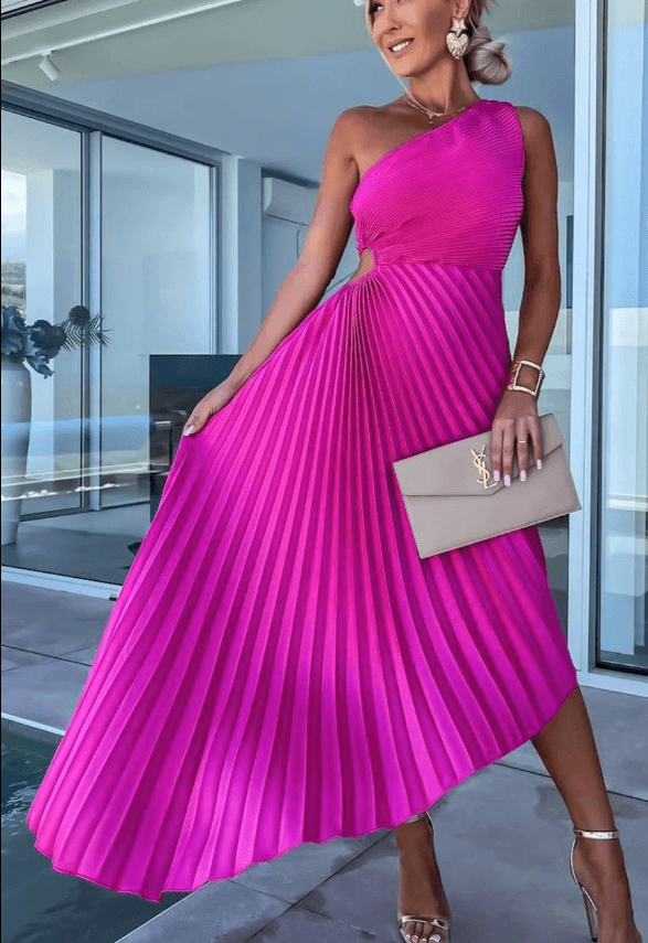 Aglaia | Damen Hochzeitsgast One-Shoulder Plissiertes Maxikleid