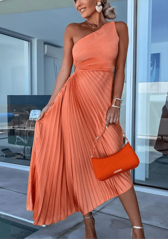 Aglaia | Damen Hochzeitsgast One-Shoulder Plissiertes Maxikleid