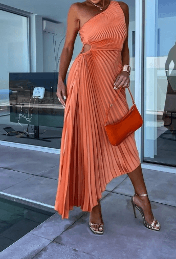 Aglaia | Damen Hochzeitsgast One-Shoulder Plissiertes Maxikleid