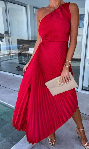 Aglaia | Damen Hochzeitsgast One-Shoulder Plissiertes Maxikleid