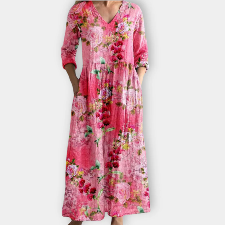 Sara | Damen Kleid Maxi Florales mit V-Ausschnitt
