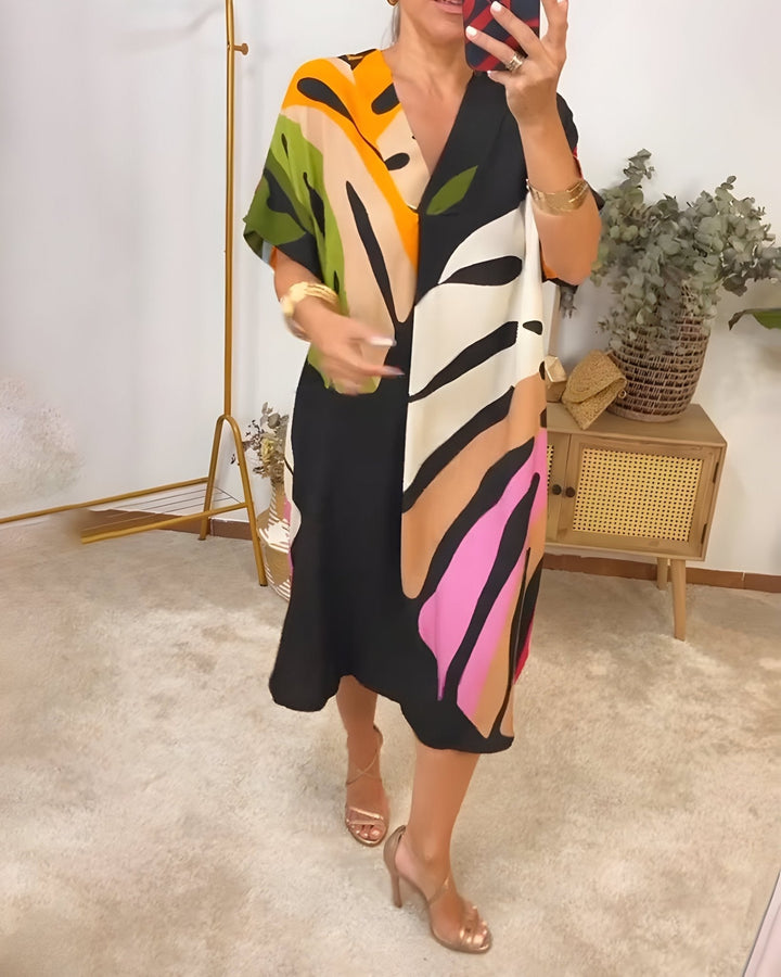Harmony | Damen Sommerkleid Abstraktes Midi V-Ausschnitt Midi