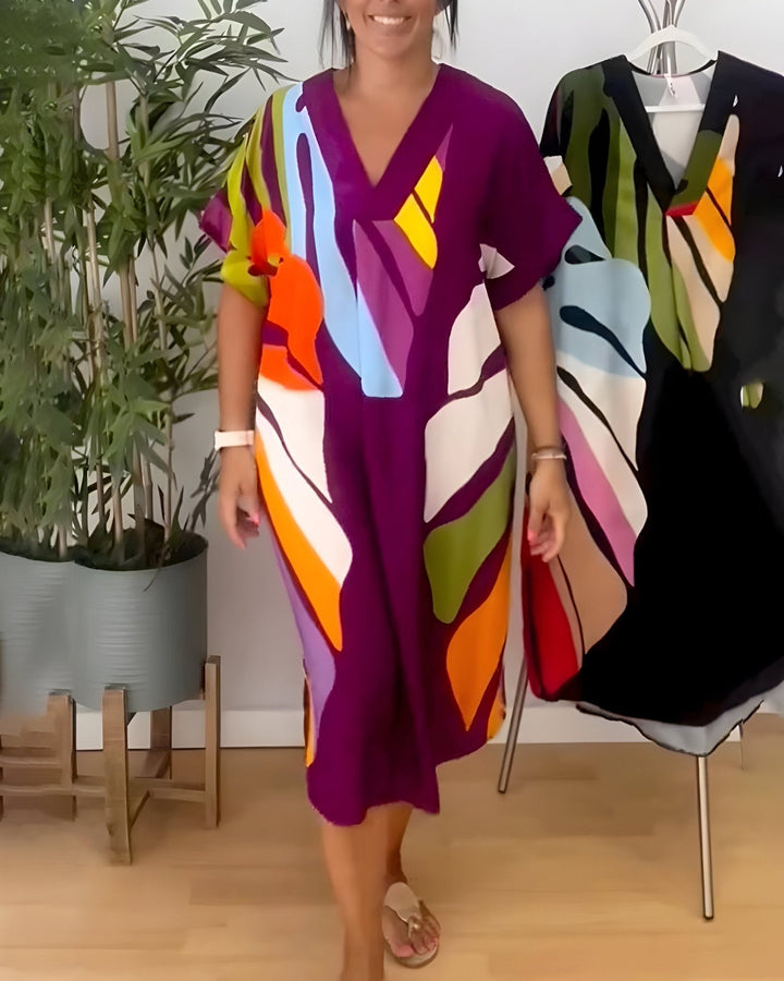 Harmony | Damen Sommerkleid Abstraktes Midi V-Ausschnitt Midi