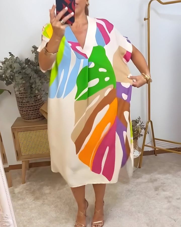 Harmony | Damen Sommerkleid Abstraktes Midi V-Ausschnitt Midi