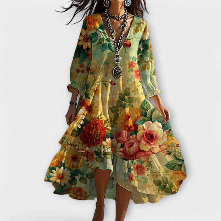 Athena | Damen Boho Kleid Florales Midikleid V-Ausschnitt 3/4 Ärmel