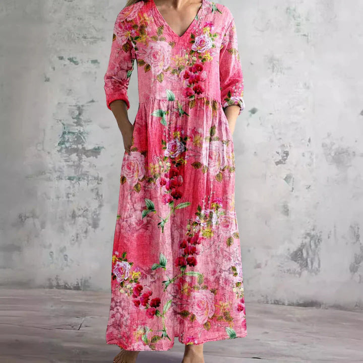 Sara | Damen Kleid Maxi Florales mit V-Ausschnitt